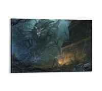 Epic Dark Forest Monster Battle Art Poster, Fantasy Warrior Vs Stone Golem Wall Decor, Mysterious Ancient Temple Scenery Print for Home Office Decoration Frame-20x30inch(50x75cm)