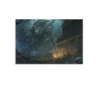 Epic Dark Forest Monster Battle Art Poster, Fantasy Warrior Vs Stone Golem Wall Decor, Mysterious Ancient Temple Scenery Print for Home Office Decoration UnFrame-16x24inch(40x60cm)