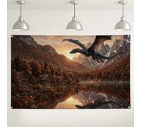 Epic Dragon Fantasy Landscape Backdrop Banner 71x43 Inch | Mountain Lake Landscape, Photo Backdrop, Fantasy Forest, Rustic Wooden Cabins, Epic Mythical Adventure