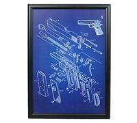 Epic Militaria Vintage Style WW2 US Colt 1911 Pistol Framed Blueprint Artwork (Blue Background)