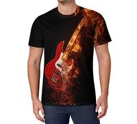 Epic Rock Bass Guitar on Fire T Shirts Men Graphic Tee Tops 3XL