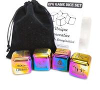 Epic RPG Dice Set - Made Stainless Steel, Set Contains 4 Dice, Divided Storage, Velvet Carry Bag, Manual, and Engravings of Scenarios, Weather, Magic Skills & Mounts