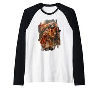 Epic Sci Fi Fire T-rex and Space Adventurer Artwork Raglan Baseball Tee