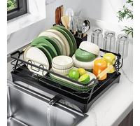 Epicano Dish Drying Rack for Kitchen Counter,Space-Saving Dish Rack,Rustproof Dish Drainer with Utensil Holder and Knife Slots for Sink,Kitchen Drying Rack with Wooden Handle and Cup Holder, Black