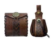 EpicCos 2 PCs Medieval Faux Leather Belt Bag, Renaissance Drawstring Pouch Dice Bag, Vintage Side Pack Coin Purse for LARP (Brown A)