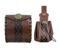 EpicCos 2 PCs Medieval Faux Leather Belt Bag, Renaissance Drawstring Pouch Dice Bag, Vintage Side Pack Coin Purse for LARP (Brown B)