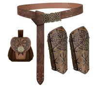 EpicCos 3 PCs Medieval Faux Leather Costume Accessories, Viking Embossed Arm Guard with Buckle Belt and Side Bag For LARP (Brown A)