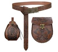 EpicCos 3PCs Medieval Embossed Belt Pouch Set, Viking Buckle Belt Portable Side Bag, Faux Leather Cosplay Accessories (Brown A)