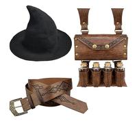 EpicCos 3PCs Witch Hat Alchemy Belt Pouch with 4 Cork Potion Vials, Fantasy Renaissance Wizard Belt Accessories for Ren Faire (Brown A)