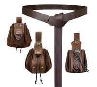 EpicCos 4 PCs Medieval O Ring Belt and Drawstring Pouch Set, Retro Faux Leather Belt Bag Dice Bag Portable Coin Purse for LARP (Brown A)