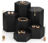 Epicover 6 Pcs Black Hexagon Display Risers, Varying Height Wooden Jewelry Stand Set, 4 x 3.5 in Diameter Showcase Platforms for Perfume, Collectibles, Ring, Model Displays, Office Decorations