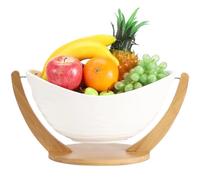 Epicover Ceramic Fruit Bowl with Wooden Stand - Large Fruit Basket for Kitchen Worktop, Elegant Decorative Centerpiece - White Bowl (13 x 8.1 Inches) with Stable Wooden Base