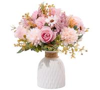 Fake Flowers in Vase, Artificial Pink Flowers in Vase for Decoration Faux FLowers in Vase Realistic Pink Fake FLowers with Vase for Home Decor Indoor Dining Table Centerpiece (Flowers and Vase)