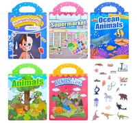 ePicsoa 5 Pack Reusable Sticker Books, 3D Puffy Sticker Book for 3-6 Year Old Kids, 3D Clear Animal/Space/Dinosaur/Supermarket/Human Body Sticker Book, Travel Stickers,Educational Sensory Learning Toy