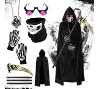 ePicsoa 6 PCS Black Grim Reaper Costume, 140cm Long Black Velvet Hooded Cape, Skull Face Mask, Skeleton Hand Gloves, Scythe Prop, Glasses and Cosplay Accessories, Halloween Skeleton Reaper Fancy Dress