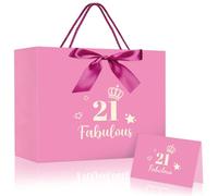 ePicsoa Rose Pink Fabulous 21th Birthday Gift Bag with 2 Bow Decoration and 1 Greeting Card for Girls 21 Year Old Birthday Gift Wrapping Bag for Party Favors Goodie Wrapping Bag Decorations Supplies