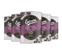 Epicure Mediterranean Stoneless Black Olives in Salted Water Whole Briny Olives for Creative Cooking, 400 g (Pack of 12)