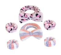 EPIGEIST 2 Sets Bow Face Wash Headband and Wrist Soft Cloth Material with Cute Bow Design Comfortable Skin Friendly Face Washing Wristbands for Spa Makeup Shower Use Pink Leopard Blue Red