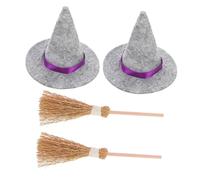 EPIGEIST 2 Sets Miniature Witch Hat and Broom Halloween Micro Landscape Doll Hats Natural Straw Small Brooms for DIY Micro House Decor Vivid Color Smooth Edges
