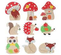 EPIGEIST 9pcs Hand Carved Wooden Cartoon Animal Figurines with Mushroom Sculptures Miniature Home Decor for Desk Bookshelf and Display Cabinet Smooth Rounded Finish