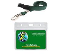 Epilepsy Green Hidden Disability Awareness Card Covering the World with Plain Green Lanyard & Clear Waterproof Pocket & Contact Details