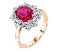Epinki 14K Gold Ring Real Women Flower with Oval Created Ruby and Round Moissanite Simple Promise Ring Size W 1/2