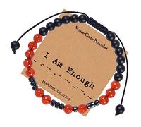 Epinki 6MM Beaded Bracelet for Women, Red Black I Am Enough Morse Code Inspirational Friendship Quartz Bracelet 6.7 Inch