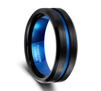 Epinki 6mm Men Marriage Ring Tungsten, Black Blue Two Tone Brushed with Groove Comfort Fit Unique Ring Jewellery Size L 1/2