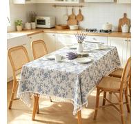 Epinki Square Tablecloth 140x140cm, Polyester Blue Floral with White Tassel Spill Resistant Oil-Proof Heat-Resistant Dustproof Table Cover, Decorative for Kitchen, Party, Home Decor