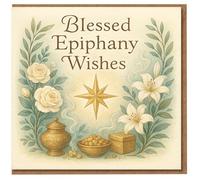 Epiphany Card - Blessed Epiphany Wishes - Star of Bethlehem with White Lilies, Roses and Magi Gifts - Elegant Religious Three Kings Greeting
