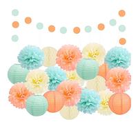 EpiqueOne 22-Piece Party Decoration Kit - Mint, Peach, Ivory Hanging Tissue Paper Pom Poms, Paper Lanterns, Honeycomb Balls, Garland - Birthday Party, Wedding, Baby Shower - Easy to Assemble, Pastels