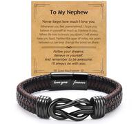 EPIRORA Knot Bracelet Gifts for Nephew, Infinity Love Brown Braided Leather Bangle Stainless Steel Bracelets, Graduation Birthday Christmas Anniversary Valentine's Day Present for Men Boys