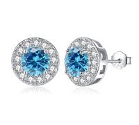 EPIRORA Silver Stud Earrings for Women Girls, Sterling Silver Round Halo Blue Cubic Zirconia Studs, Dainty Bridal Diamond Stud Earrings Jewellery Set for Wedding Anniversary