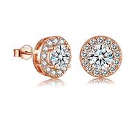 EPIRORA Silver Stud Earrings for Women Girls, Sterling Silver Round Halo Cubic Zirconia Studs, Dainty Bridal Diamond Stud Earrings Jewellery Set for Wedding Anniversary (Rose Gold)