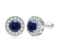 EPIRORA Silver Stud Earrings for Women Girls, Sterling Silver Round Halo Dark Blue Cubic Zirconia Studs, Dainty Bridal Diamond Stud Earrings Jewellery Set for Wedding Anniversary
