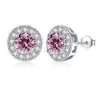 EPIRORA Silver Stud Earrings for Women Girls, Sterling Silver Round Halo Pink Cubic Zirconia Studs, Dainty Bridal Diamond Stud Earrings Jewellery Set for Wedding Anniversary