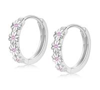 EPIRORA Sterling Silver Hoop Earrings , Dainty Small Huggie Hoop Earrings | Hypoallergenic Daisy Pink Cubic Zirconia Flower Hoops Earring Jewellery Gifts for Birthday Wedding, 12mm Hoop