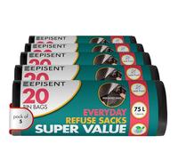 EPISENT 75L Heavy Duty Bin Bags - 100 Extra Strong Black Bin Liners, Leak-Proof & Tear-Resistant, Thick Trash Bags for Kitchen, Garden, Commercial & Everyday Use, Durable & Large Refuse Sacks