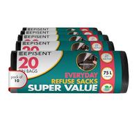 EPISENT 75L Heavy Duty Bin Bags - 200 Extra Strong Black Bin Liners, Leak-Proof & Tear-Resistant, Thick Trash Bags for Kitchen, Garden, Commercial & Everyday Use, Durable & Large Refuse Sacks