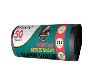 EPISENT 75L Heavy Duty Black Bin Bags - Extra Strong, Tear-Resistant, Earth-Friendly Bin Liners - Leak-Proof Refuse Sacks for Home, Kitchen, Garden, Commercial & Outdoor Use - Pack of 50