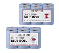 EPISENT Blue Roll 2-Ply Centre Feed Paper Towels - Super Absorbent, Food Safe & Recyclable - Commercial Wiping Roll for Kitchen, Garage, Bathrooms & Cleaning Dispensers (Pack of 2-12 Rolls)