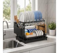 EPISENT Dish Drainer Rack with Drip Tray, Stainless Steel Dish Drying Rack for Kitchen Counter, Cutlery Holder & Plate Rack, Sink Drainer Rack for Washing Up & Kitchen Storage (Black, 2-Tiers)
