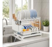 EPISENT Dish Drainer Rack with Drip Tray, Stainless Steel Dish Drying Rack for Kitchen Counter, Cutlery Holder & Plate Rack, Sink Drainer Rack for Washing Up & Kitchen Storage (White, 2-Tiers)