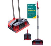 EPISENT Long Handled Dustpan and Brush Set, Upright Broom and Dustpan with Tall Handle to Reduce Bending, Stand Up Storage for Home Kitchen and Office, Soft Bristles for Easy Floor Cleaning, Red Grey