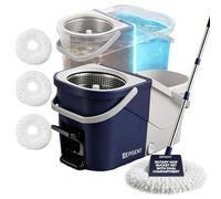 EPISENT Spin Mop and Bucket Set 10L, Foot Pedal Spin Control, Turbo Stainless Wringer, Lockable Handles, Clean & Dirty Water Separation, 4 Microfibre Heads, Drain Valve, Suitable For All Floor Types