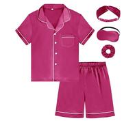 EPLAZA Kids Satin Pajamas Sets Girls Boys Button-Down Silky Pajamas Sleepwear with Hairband Eye Mask Hair Tie (Rose-short, 130)