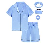 EPLAZA Kids Satin Pajamas Sets Girls Boys Button-Down Silky Pajamas Sleepwear with Hairband Eye Mask Hair Tie (Grayish blue-short, 150)