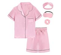 EPLAZA Kids Satin Pajamas Sets Girls Boys Button-Down Silky Pajamas Sleepwear with Hairband Eye Mask Hair Tie (Pink-short, 160)