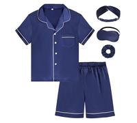 EPLAZA Kids Satin Pajamas Sets Girls Boys Button-Down Silky Pajamas Sleepwear with Hairband Eye Mask Hair Tie (Navy-short, 160)