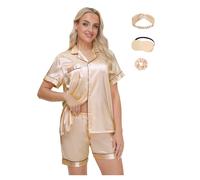 EPLAZA Women Silky Satin Pajamas Set With Eye Mask Hair Band Hair Tie Long Sleeve Button Down Sleepwear Loungewear Pjs, Champagne-short, M
